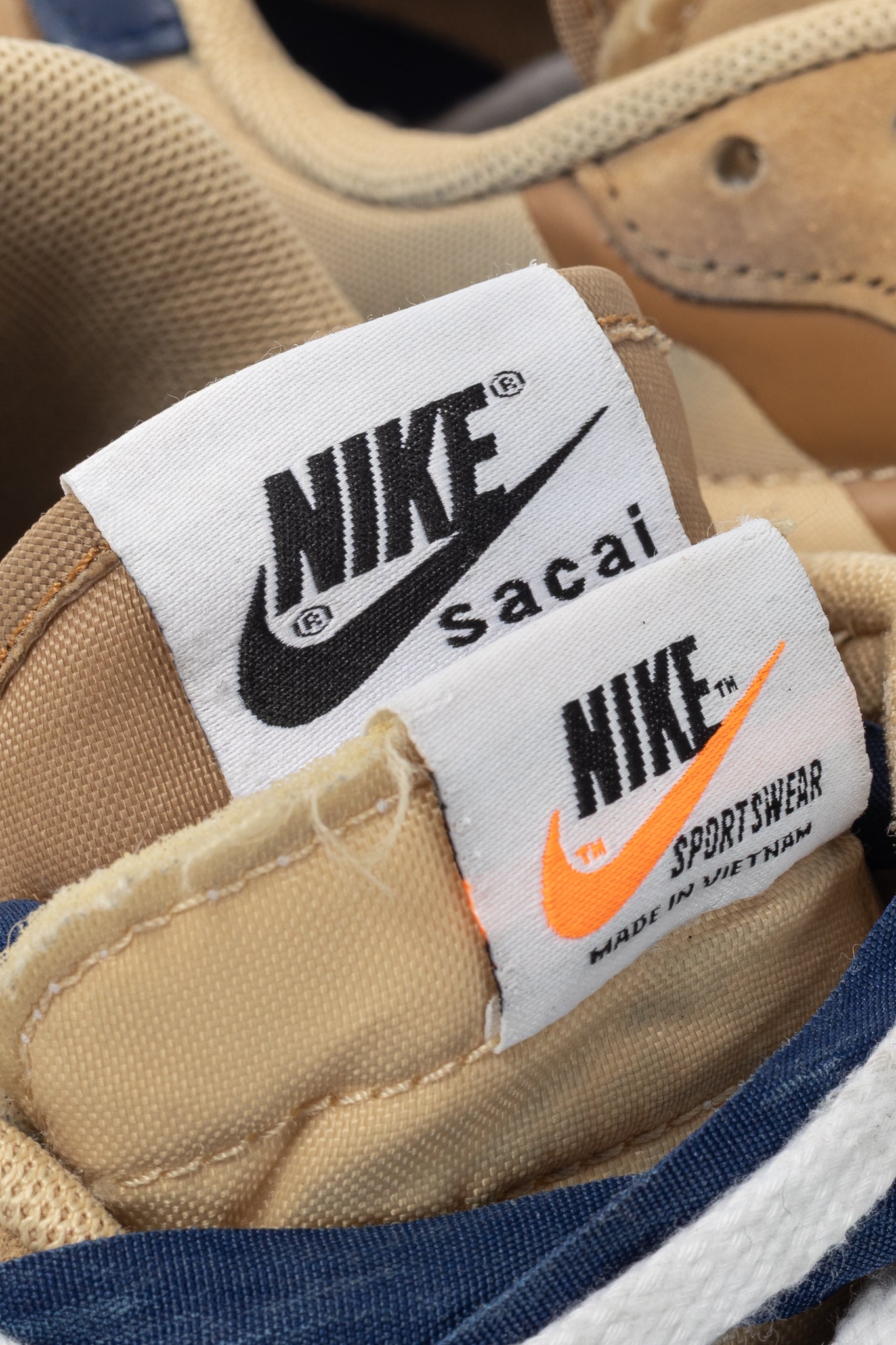 Nike x Sacai VaporWaffle Sesame, Blue-Void, & White Low-Top Sneakers
