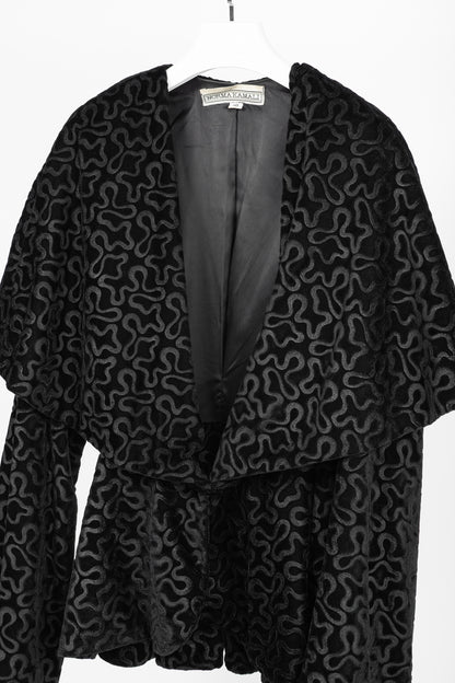 Norma Kamali Vintage 80's Black Velvet Squiggle Hooded Jacket