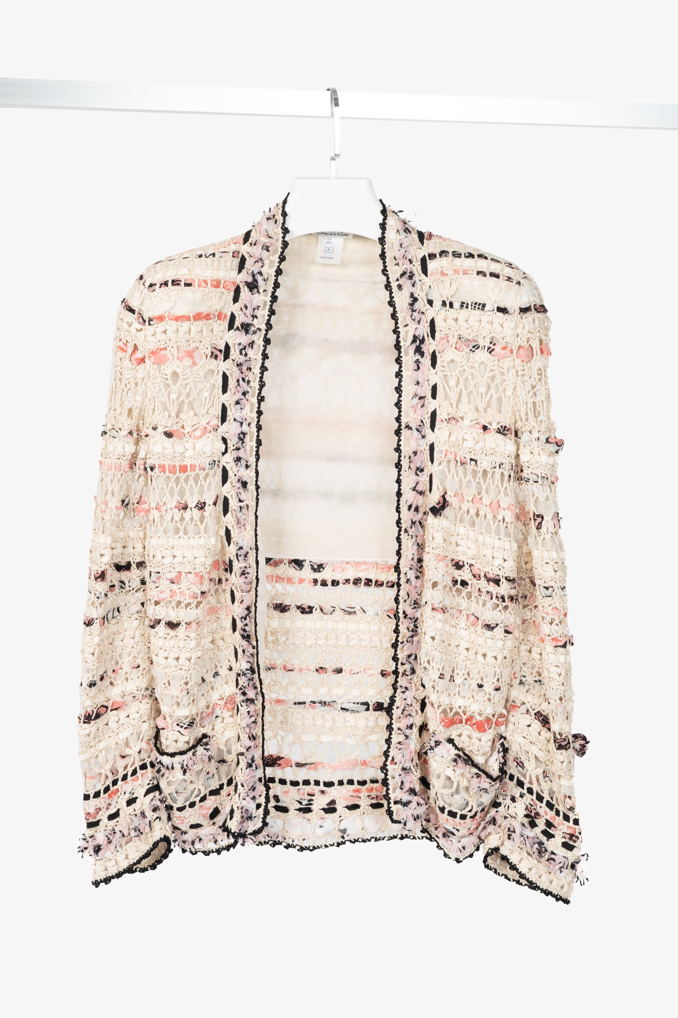 Oscar de la Renta SS11 Runway Cream & Pink Ribbon-Trim Crochet Cardigan