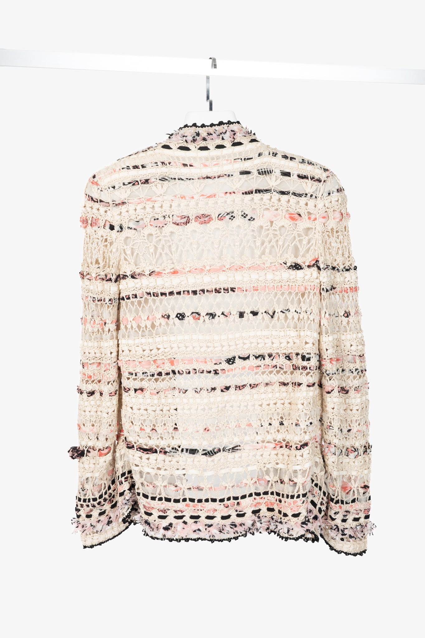 Oscar de la Renta SS11 Runway Cream & Pink Ribbon-Trim Crochet Cardigan