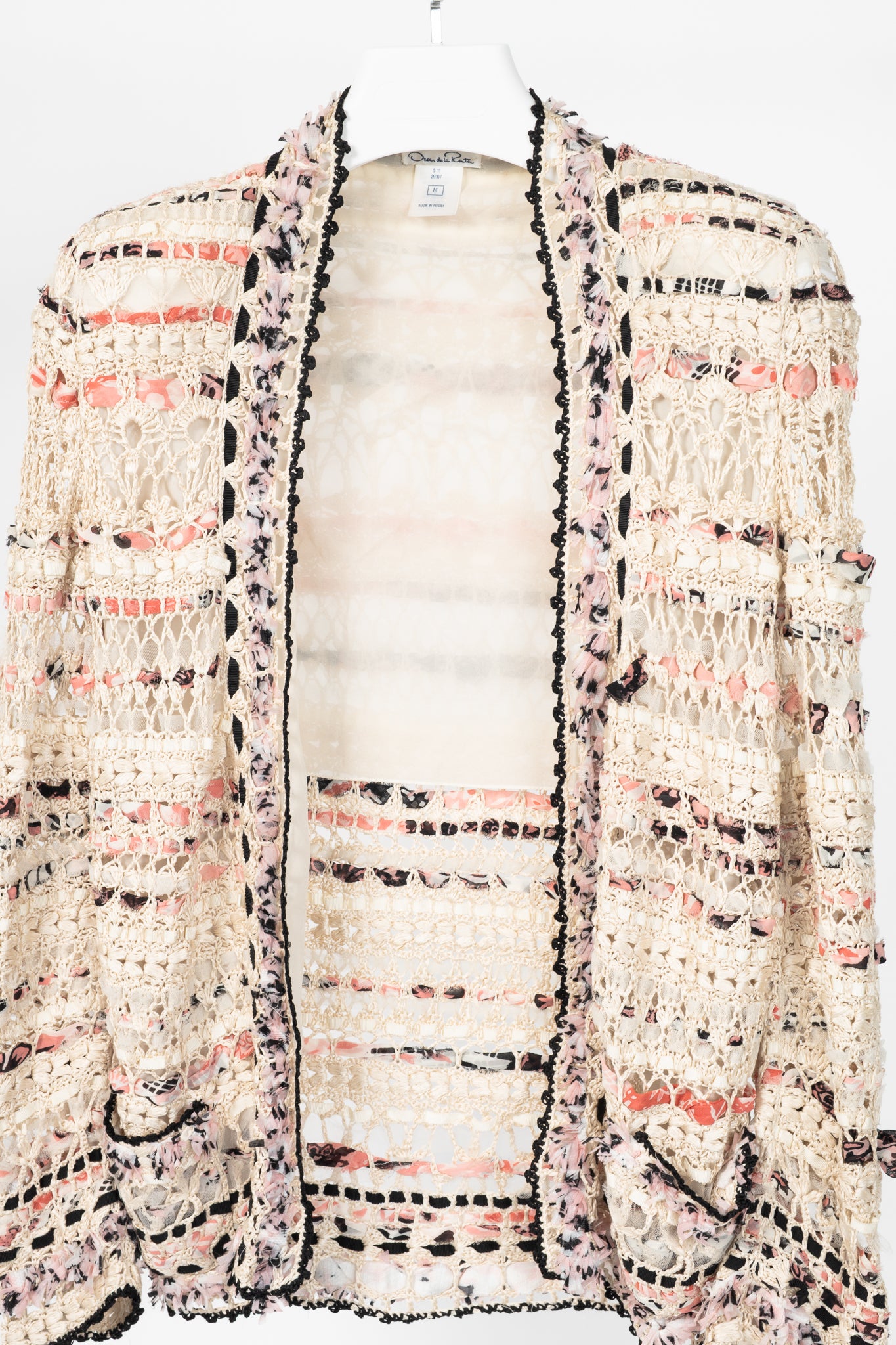 Oscar de la Renta SS11 Runway Cream & Pink Ribbon-Trim Crochet Cardigan