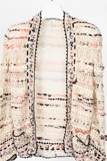 Oscar de la Renta SS11 Runway Cream & Pink Ribbon-Trim Crochet Cardigan