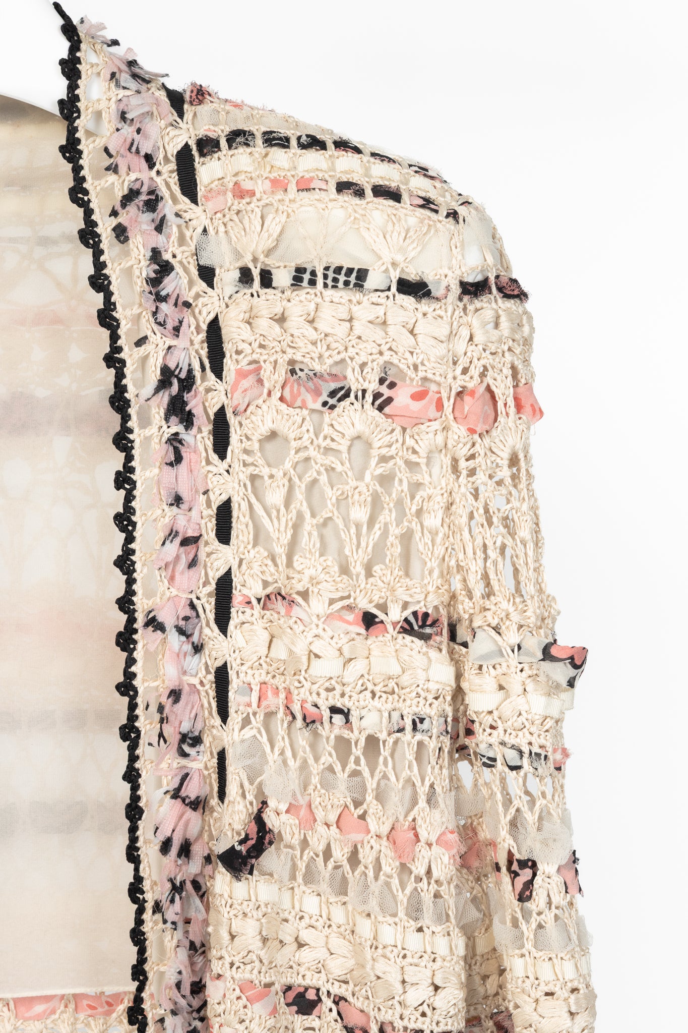 Oscar de la Renta SS11 Runway Cream & Pink Ribbon-Trim Crochet Cardigan