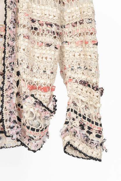 Oscar de la Renta SS11 Runway Cream & Pink Ribbon-Trim Crochet Cardigan