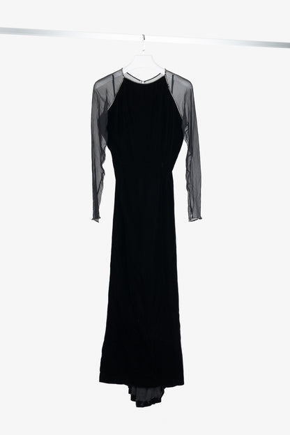 Oscar de la Renta Studio Black Velvet Rhinestone-Trim Gown