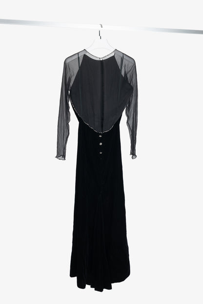 Oscar de la Renta Studio Black Velvet Rhinestone-Trim Gown