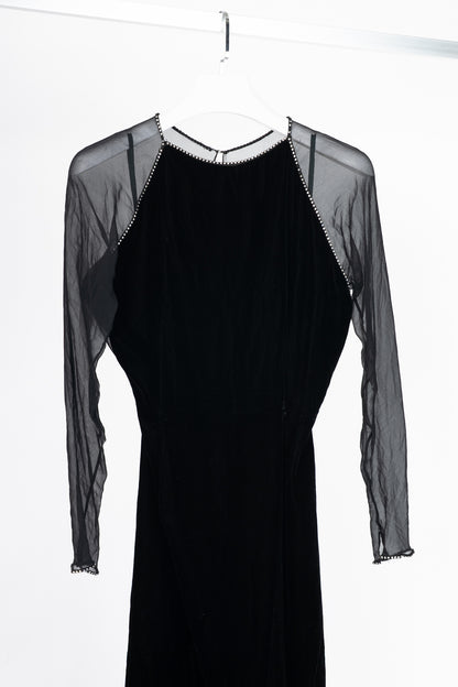 Oscar de la Renta Studio Black Velvet Rhinestone-Trim Gown