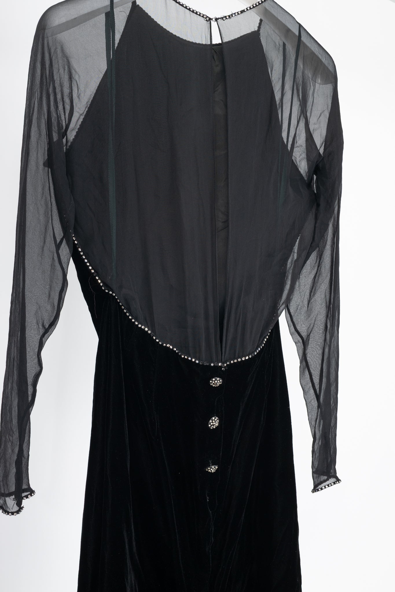 Oscar de la Renta Studio Black Velvet Rhinestone-Trim Gown