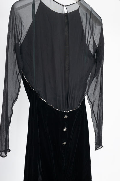 Oscar de la Renta Studio Black Velvet Rhinestone-Trim Gown
