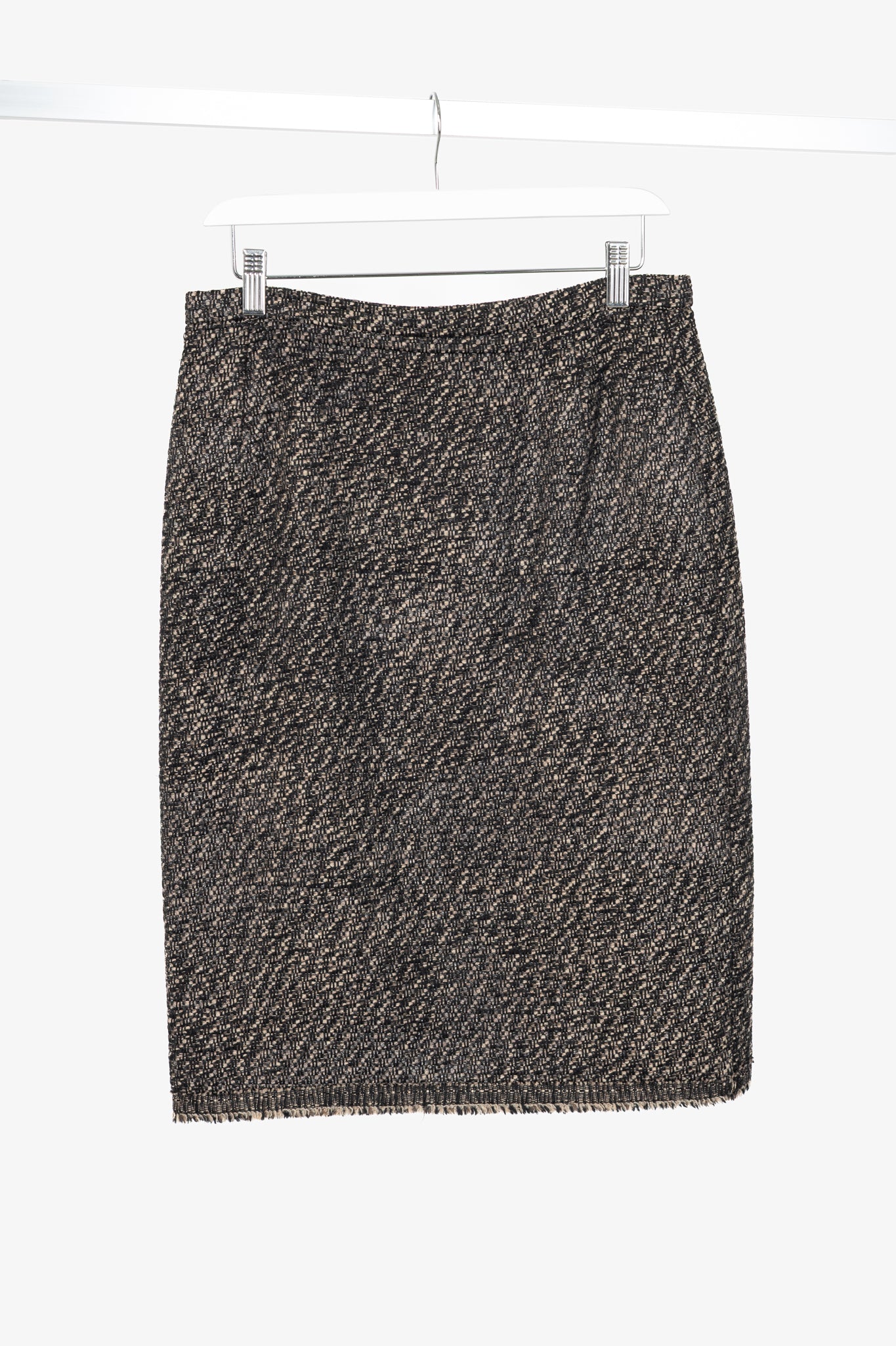Oscar de la Renta AW07 Runway Brown & Black Wool-Tweed Fringe-Hem Pencil Skirt