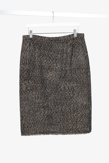 Oscar de la Renta AW07 Runway Brown & Black Wool-Tweed Fringe-Hem Pencil Skirt
