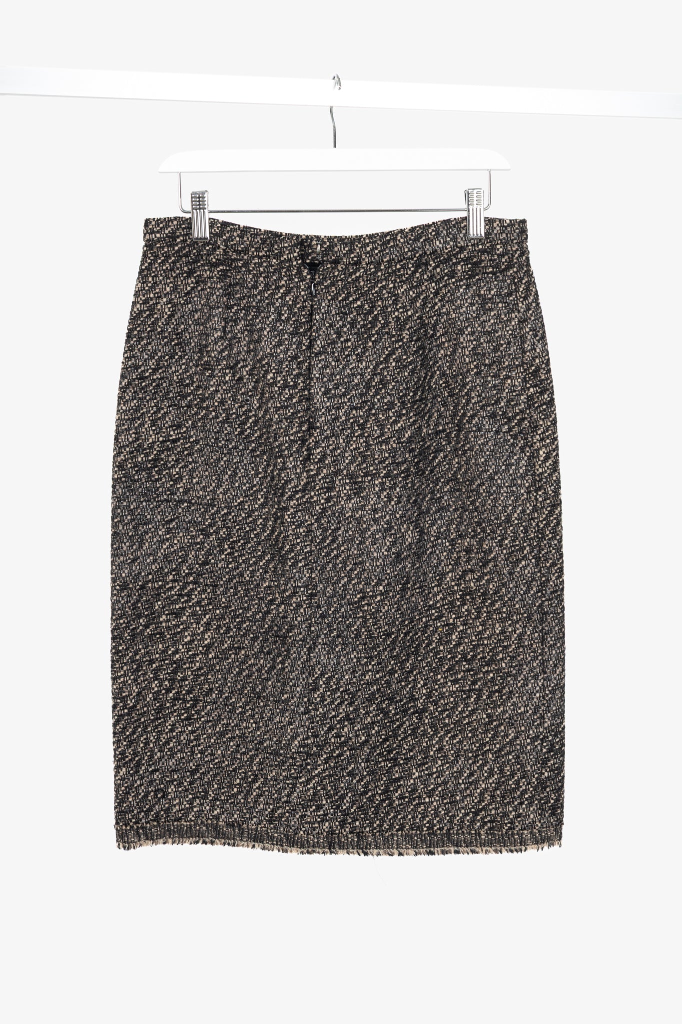 Oscar de la Renta AW07 Runway Brown & Black Wool-Tweed Fringe-Hem Pencil Skirt