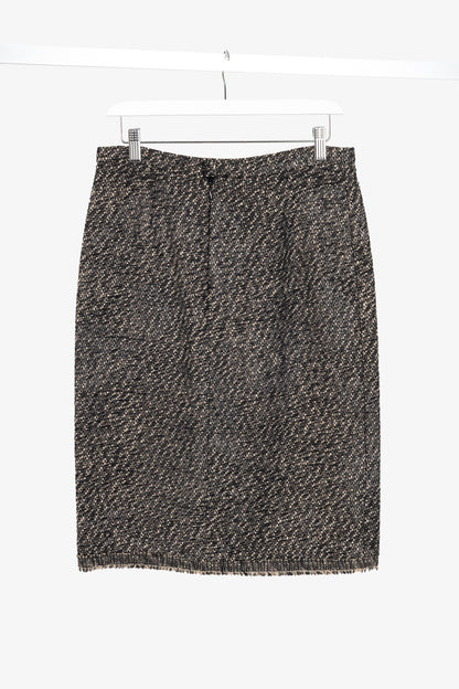 Oscar de la Renta AW07 Runway Brown & Black Wool-Tweed Fringe-Hem Pencil Skirt