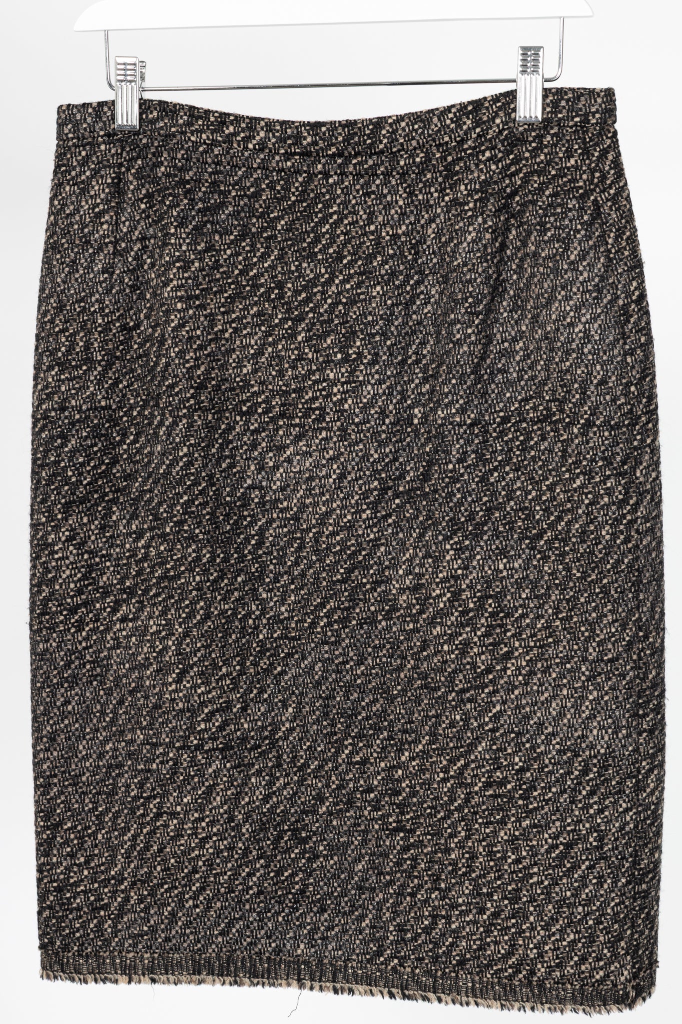 Oscar de la Renta AW07 Runway Brown & Black Wool-Tweed Fringe-Hem Pencil Skirt