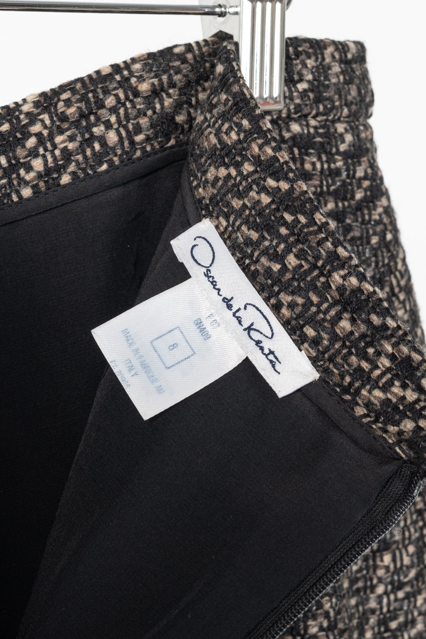 Oscar de la Renta AW07 Runway Brown & Black Wool-Tweed Fringe-Hem Pencil Skirt