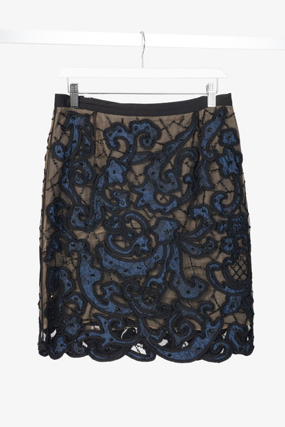 Oscar de la Renta PF14 Blue Beaded Soutache Embroidery Pencil Skirt