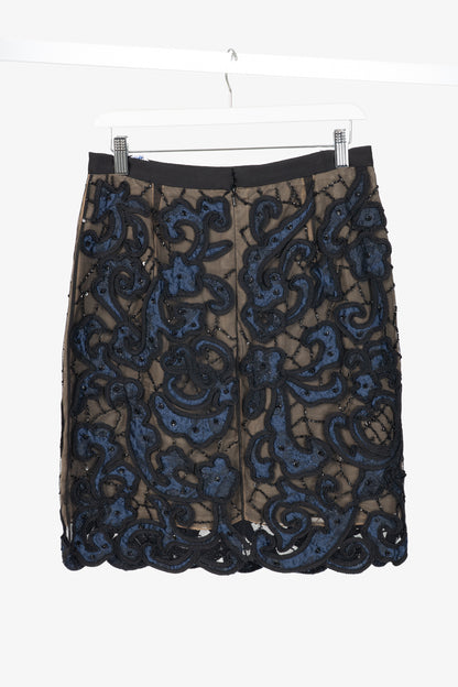 Oscar de la Renta PF14 Blue Beaded Soutache Embroidery Pencil Skirt