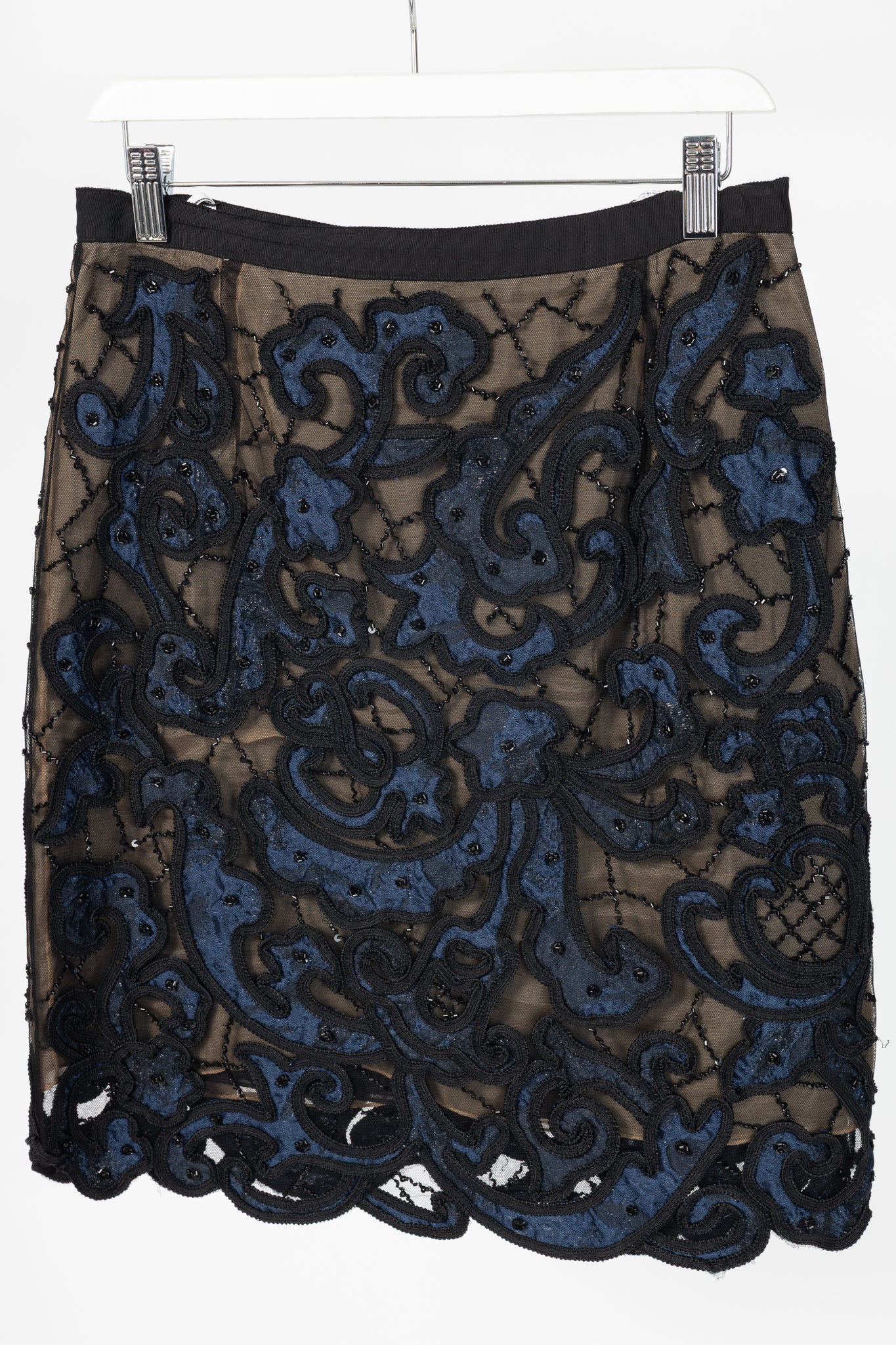 Oscar de la Renta PF14 Blue Beaded Soutache Embroidery Pencil Skirt