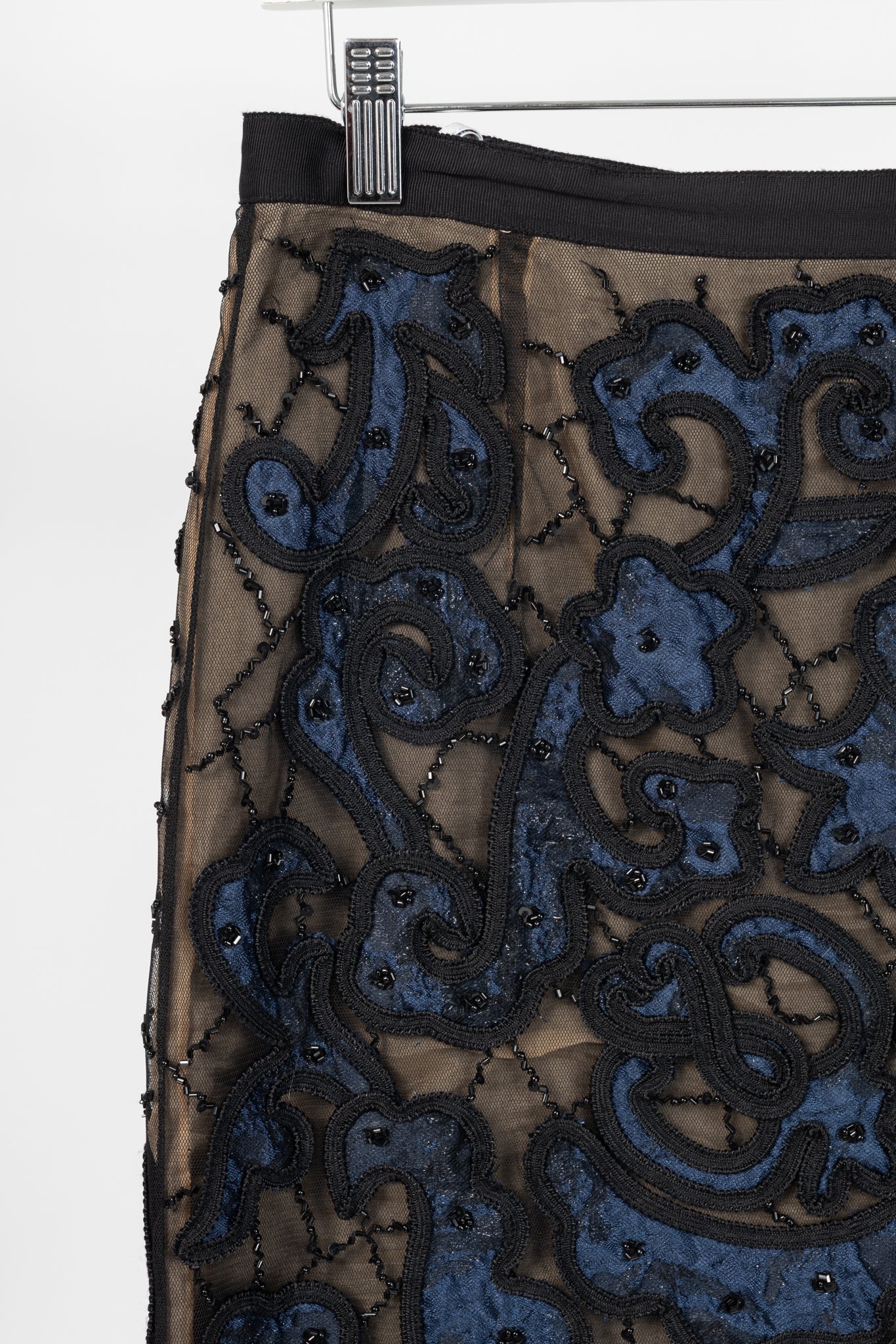 Oscar de la Renta PF14 Blue Beaded Soutache Embroidery Pencil Skirt