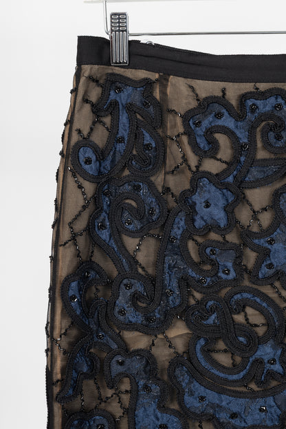 Oscar de la Renta PF14 Blue Beaded Soutache Embroidery Pencil Skirt