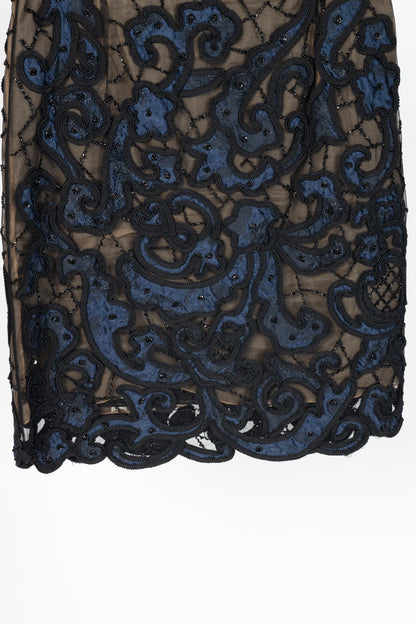 Oscar de la Renta PF14 Blue Beaded Soutache Embroidery Pencil Skirt