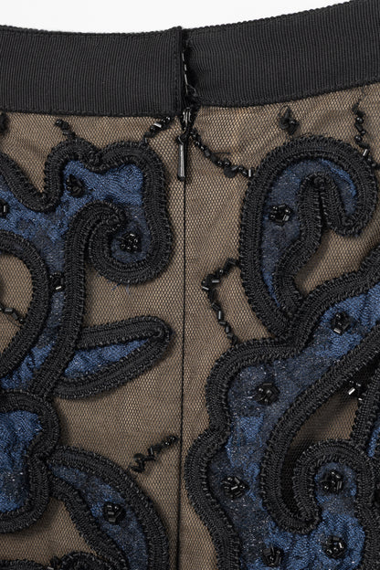 Oscar de la Renta PF14 Blue Beaded Soutache Embroidery Pencil Skirt