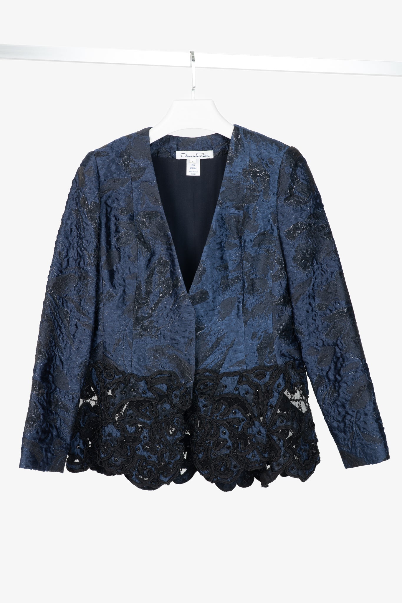 Oscar de la Renta PF14 Blue Jacquard Beaded Soutache Embroidery Blazer
