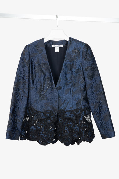 Oscar de la Renta PF14 Blue Jacquard Beaded Soutache Embroidery Blazer