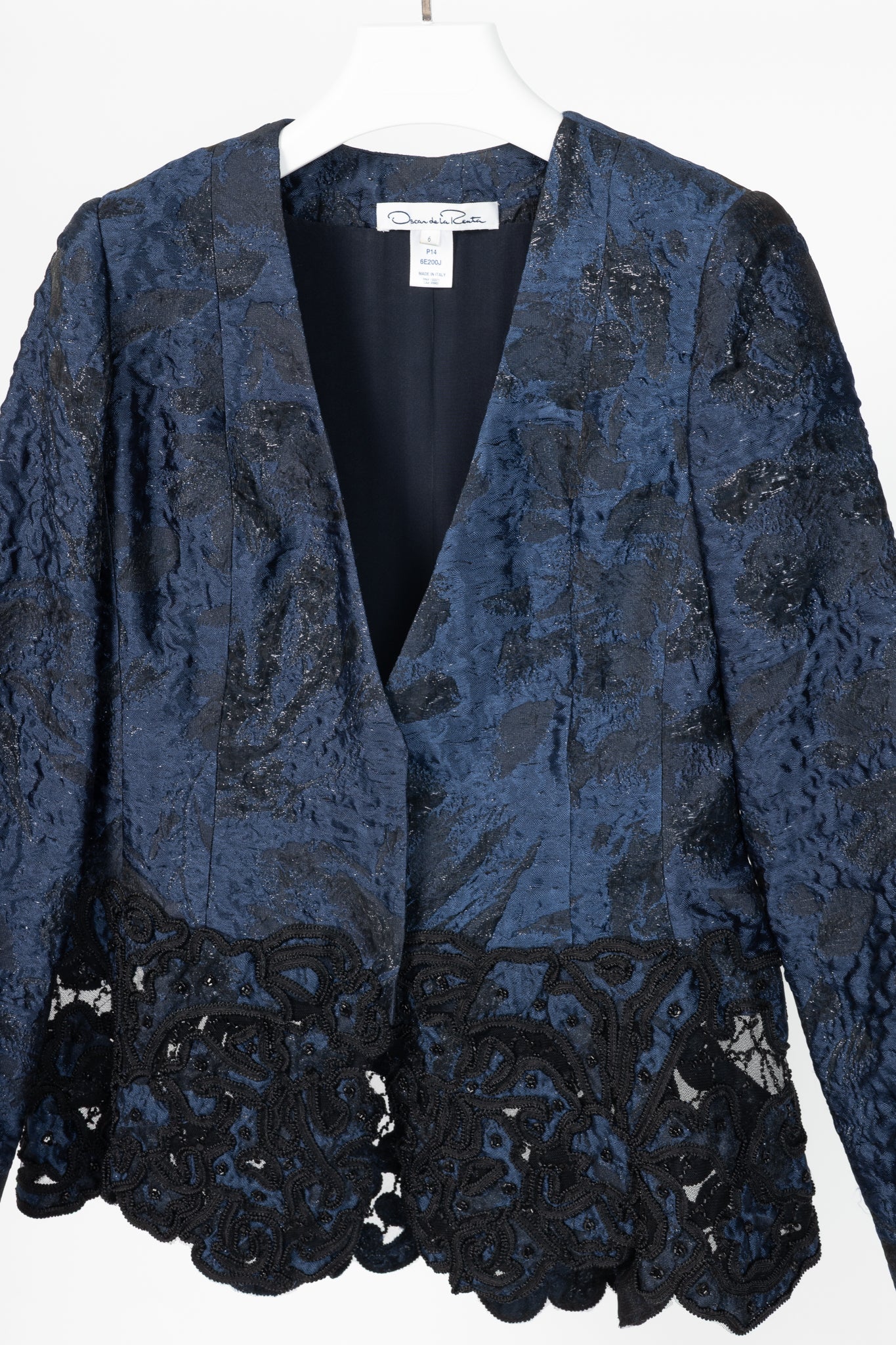 Oscar de la Renta PF14 Blue Jacquard Beaded Soutache Embroidery Blazer