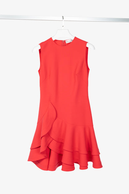 Oscar de la Renta PS24 Cerise Wool Crepe Sleeveless Tiered Ruffle Dress