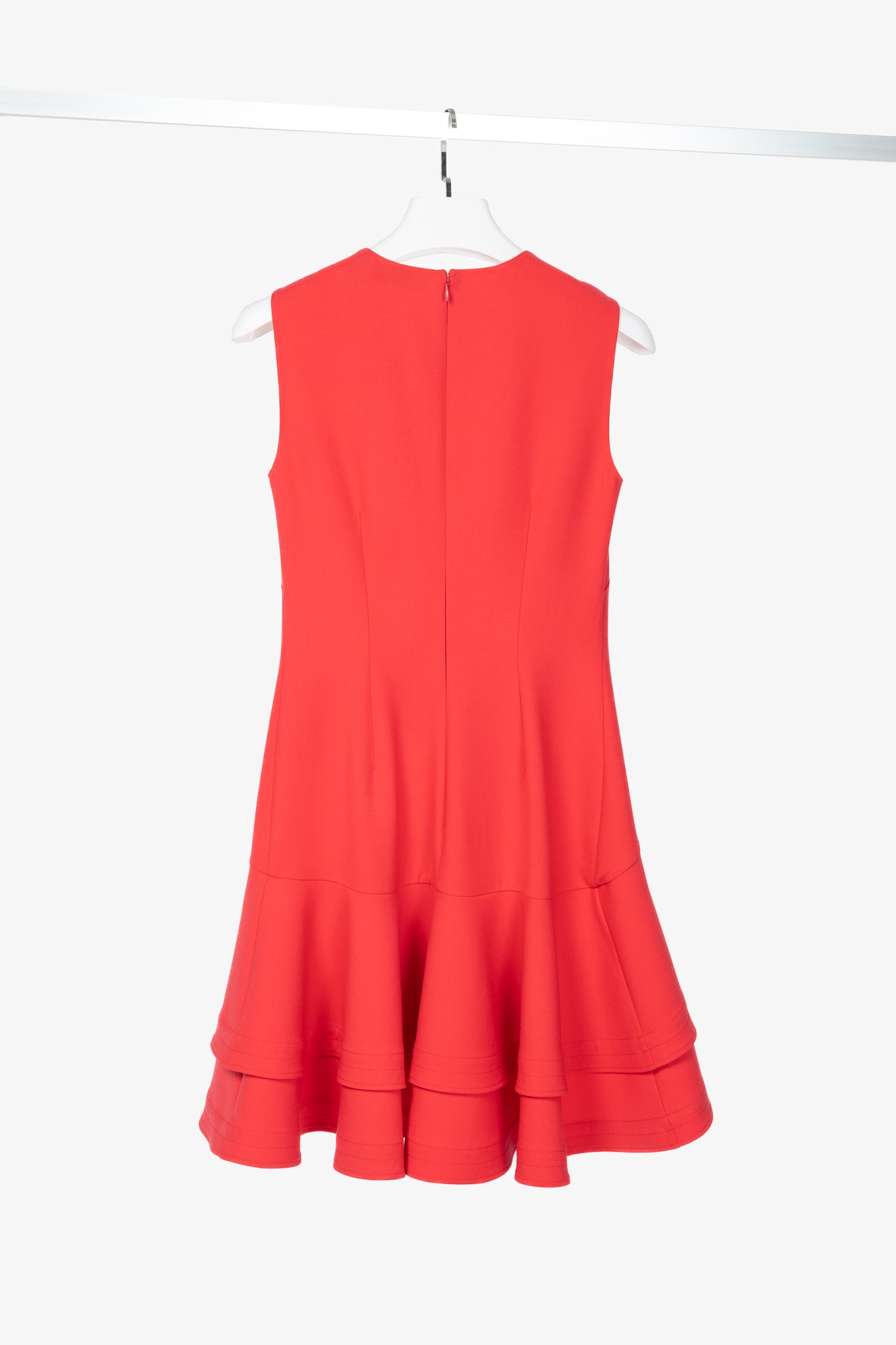 Oscar de la Renta PS24 Cerise Wool Crepe Sleeveless Tiered Ruffle Dress