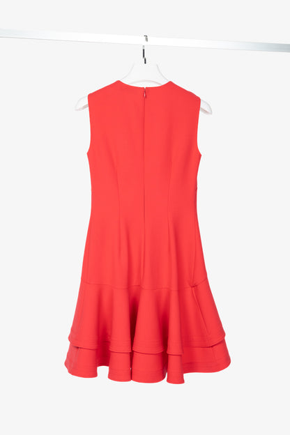 Oscar de la Renta PS24 Cerise Wool Crepe Sleeveless Tiered Ruffle Dress