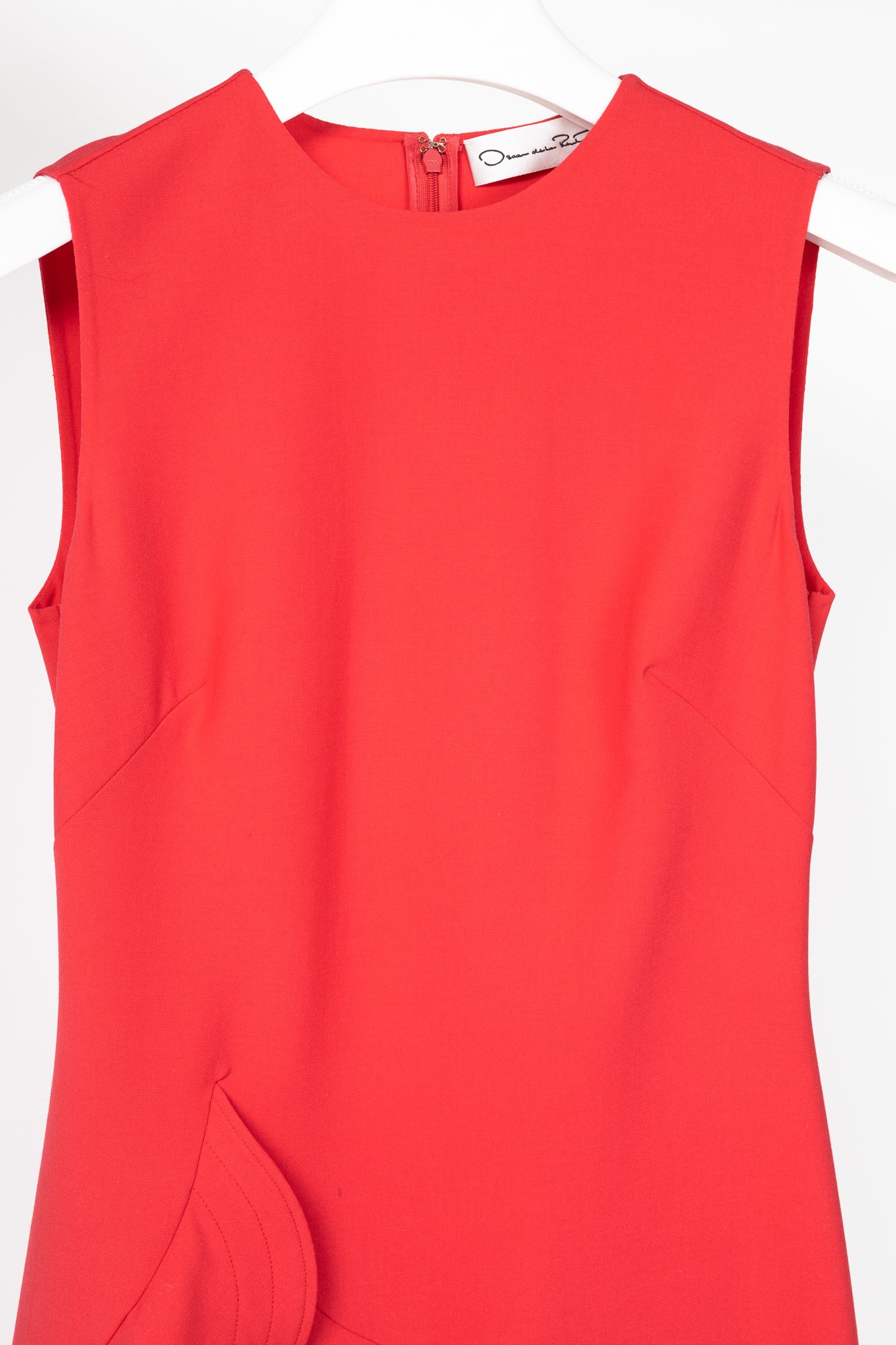 Oscar de la Renta PS24 Cerise Wool Crepe Sleeveless Tiered Ruffle Dress
