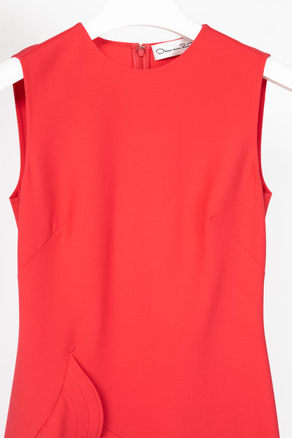 Oscar de la Renta PS24 Cerise Wool Crepe Sleeveless Tiered Ruffle Dress