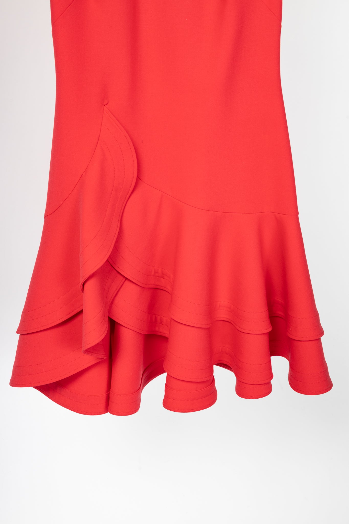 Oscar de la Renta PS24 Cerise Wool Crepe Sleeveless Tiered Ruffle Dress