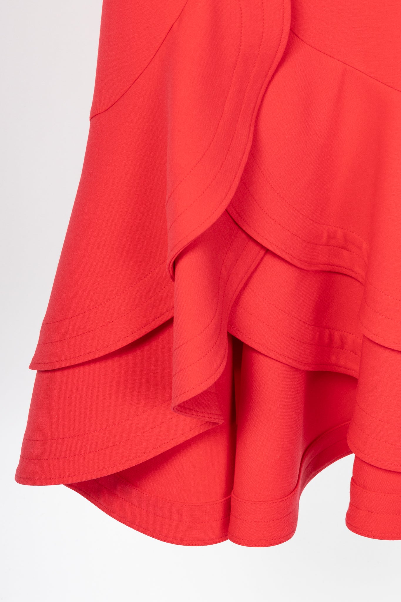 Oscar de la Renta PS24 Cerise Wool Crepe Sleeveless Tiered Ruffle Dress