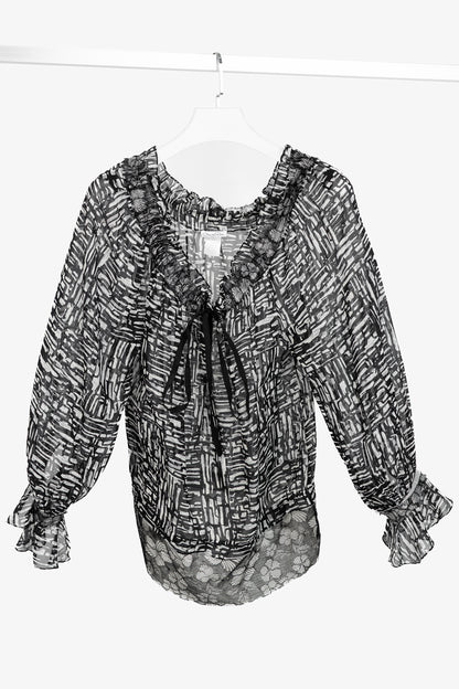 Oscar de la Renta AW/10 Black & White Abstract Silk Lace-Trim Tie-Neck Blouse