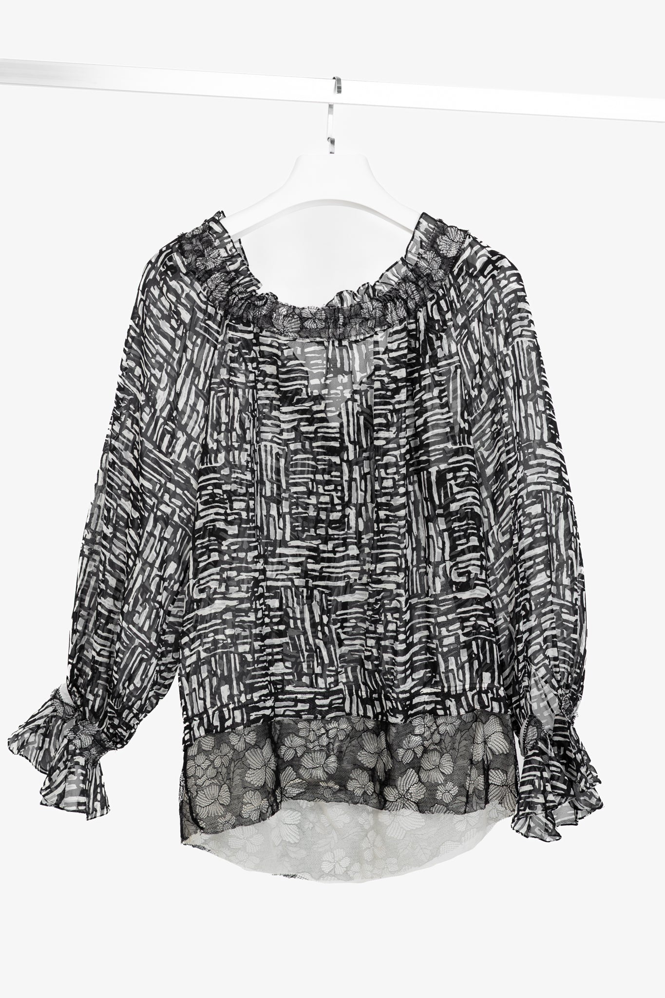 Oscar de la Renta AW/10 Black & White Abstract Silk Lace-Trim Tie-Neck Blouse