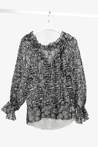 Oscar de la Renta AW/10 Black & White Abstract Silk Lace-Trim Tie-Neck Blouse
