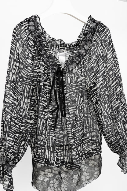 Oscar de la Renta AW/10 Black & White Abstract Silk Lace-Trim Tie-Neck Blouse
