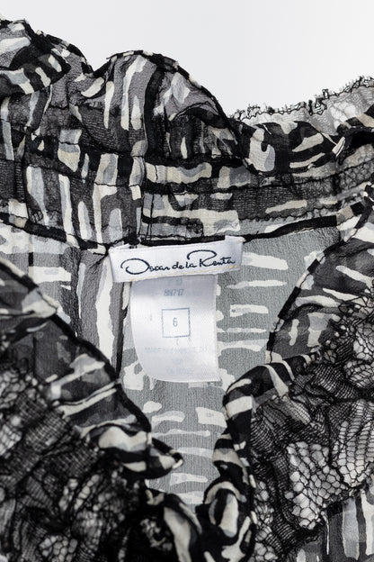 Oscar de la Renta AW/10 Black & White Abstract Silk Lace-Trim Tie-Neck Blouse