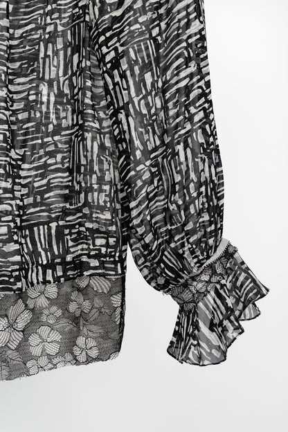 Oscar de la Renta AW/10 Black & White Abstract Silk Lace-Trim Tie-Neck Blouse