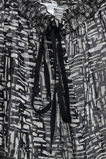Oscar de la Renta AW/10 Black & White Abstract Silk Lace-Trim Tie-Neck Blouse