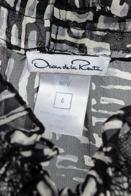 Oscar de la Renta AW/10 Black & White Abstract Silk Lace-Trim Tie-Neck Blouse