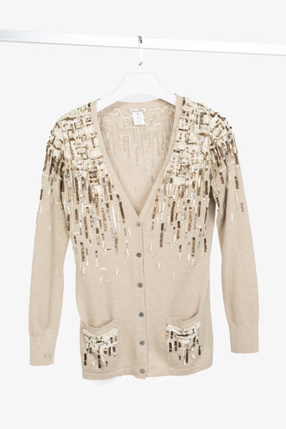 Oscar de la Renta PF/12 Runway Beige Cashmere Sequined Embroidered Cardigan
