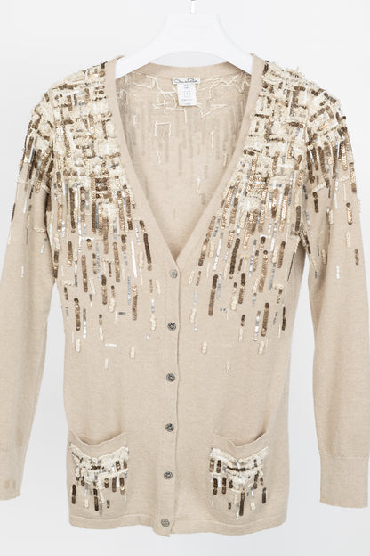 Oscar de la Renta PF/12 Runway Beige Cashmere Sequined Embroidered Cardigan