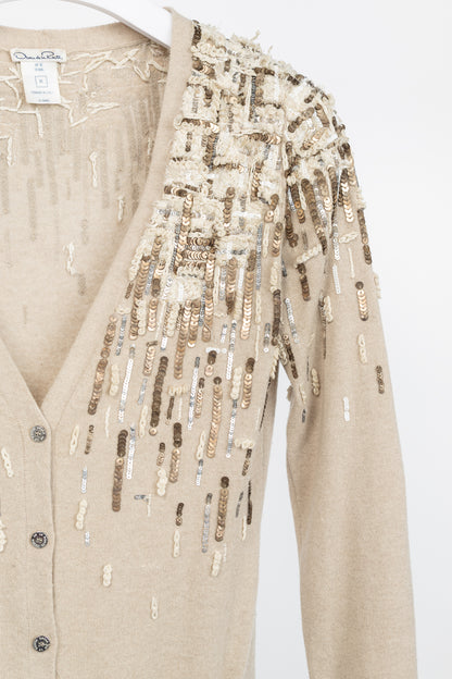 Oscar de la Renta PF/12 Runway Beige Cashmere Sequined Embroidered Cardigan
