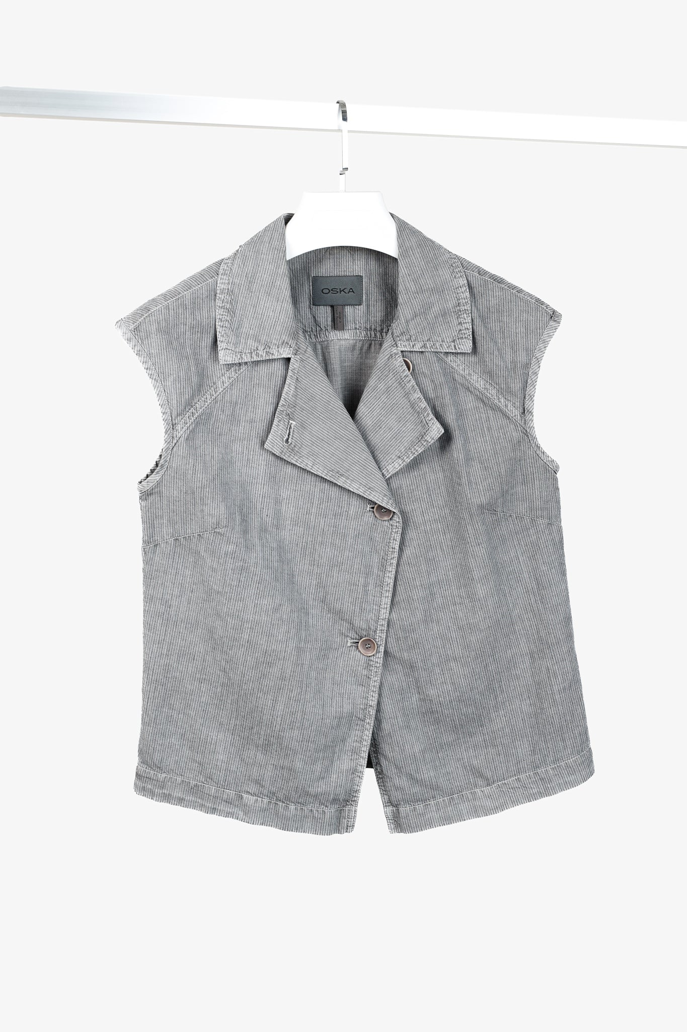 Oska Grey Black Stripes Asymmetrical Closure Box Soft Vest