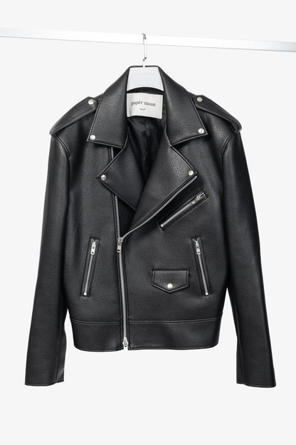 paper moon Black Oversized Chunky Zipper Vegan Leather Biker Jacket