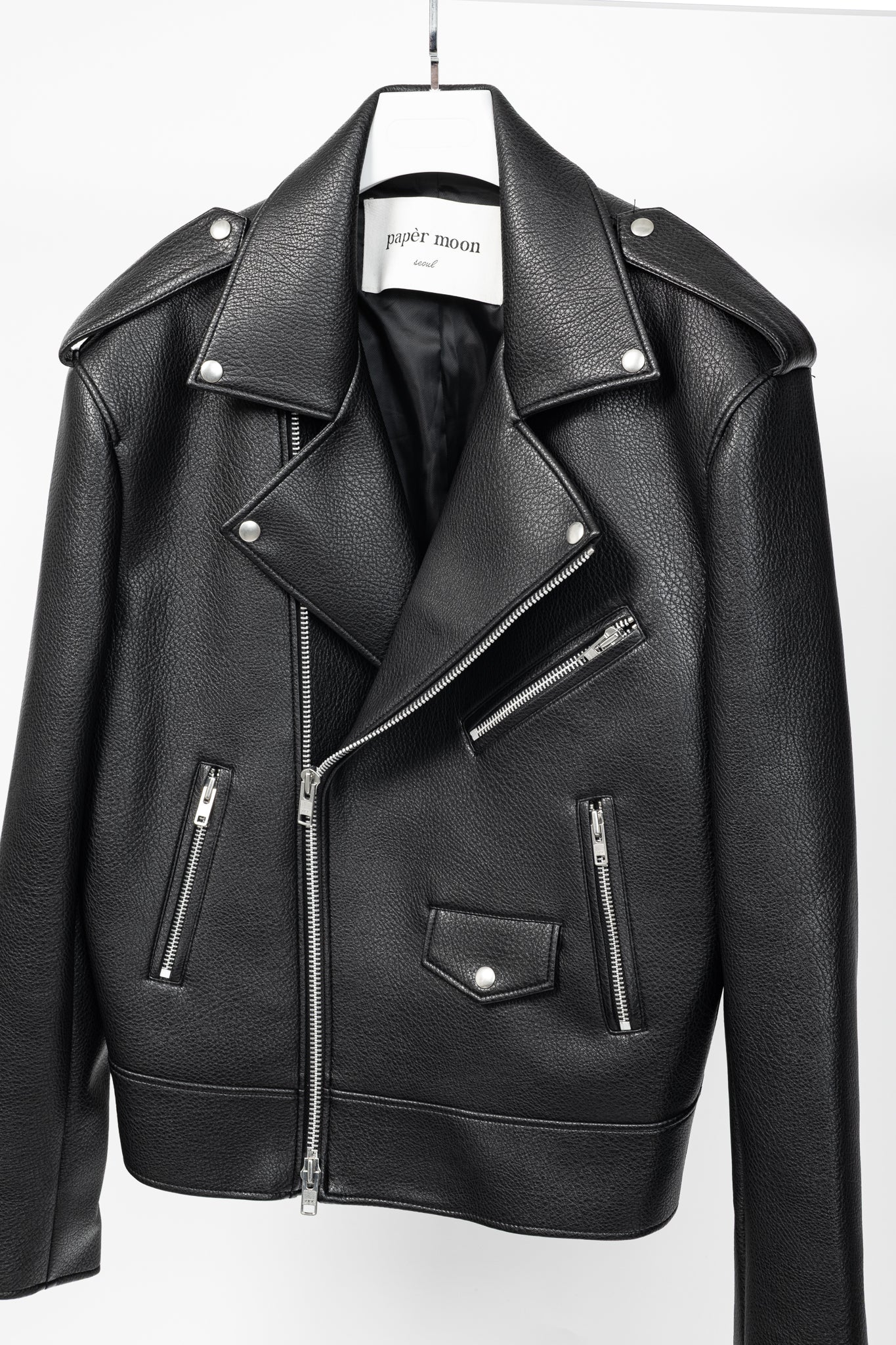 paper moon Black Oversized Chunky Zipper Vegan Leather Biker Jacket